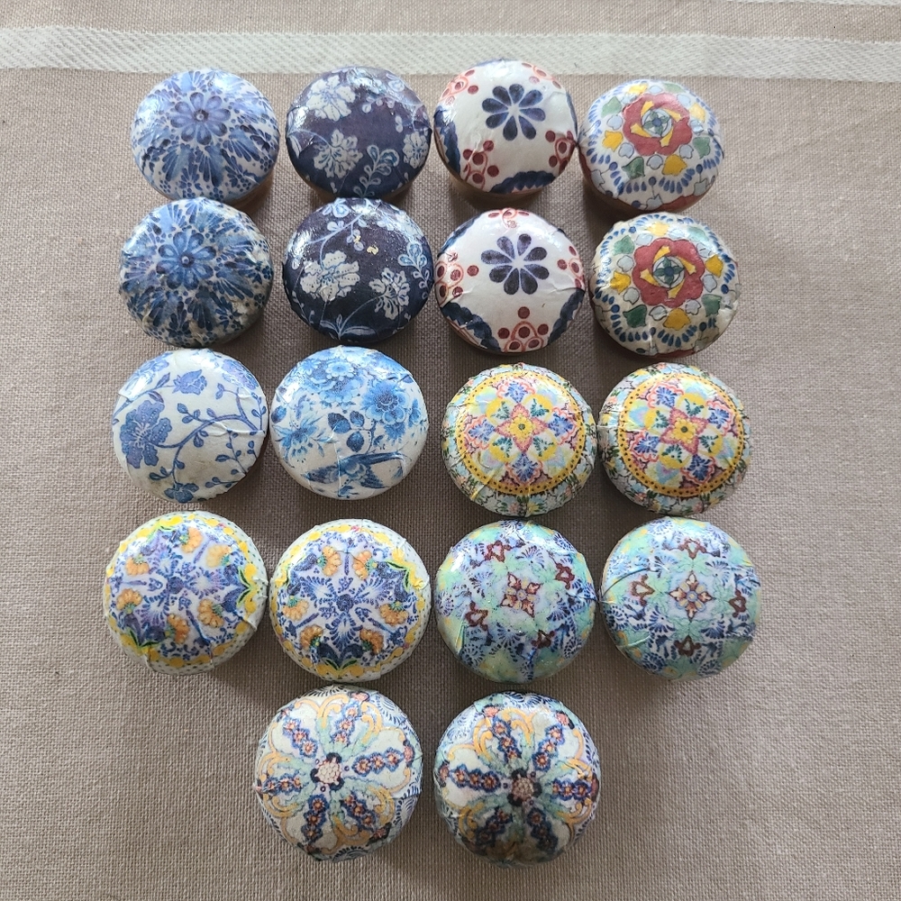 Wooden Cabinet Knobs 18 Pc Hand Crafted CottageCore Colorful Shabby Chic